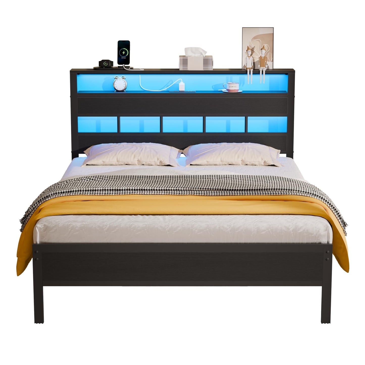 Furnulem Full Size Bed Frame with LED, Storage Headboard, Black Oak