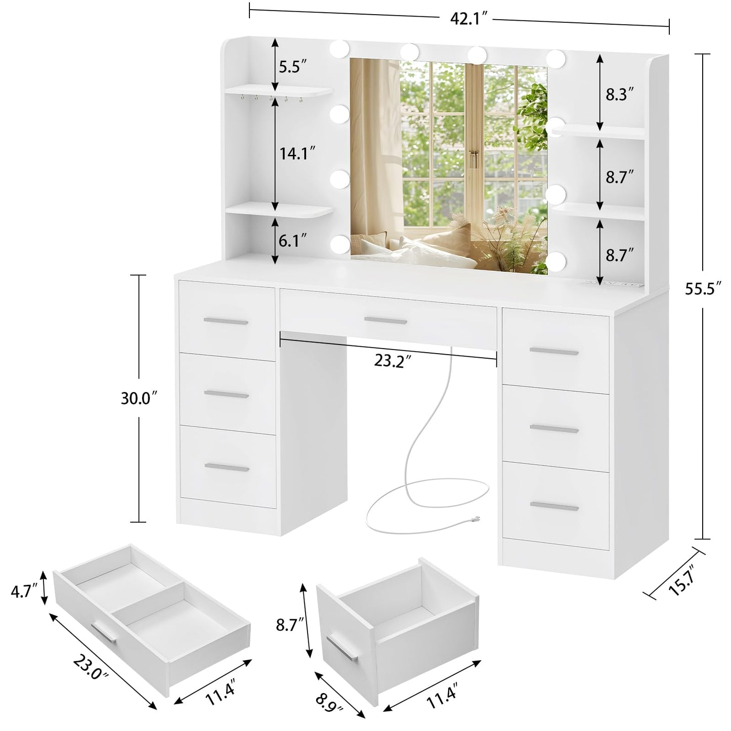 Quimoo LED Vanity Desk with Mirror, 7 Drawers & Power Outlet