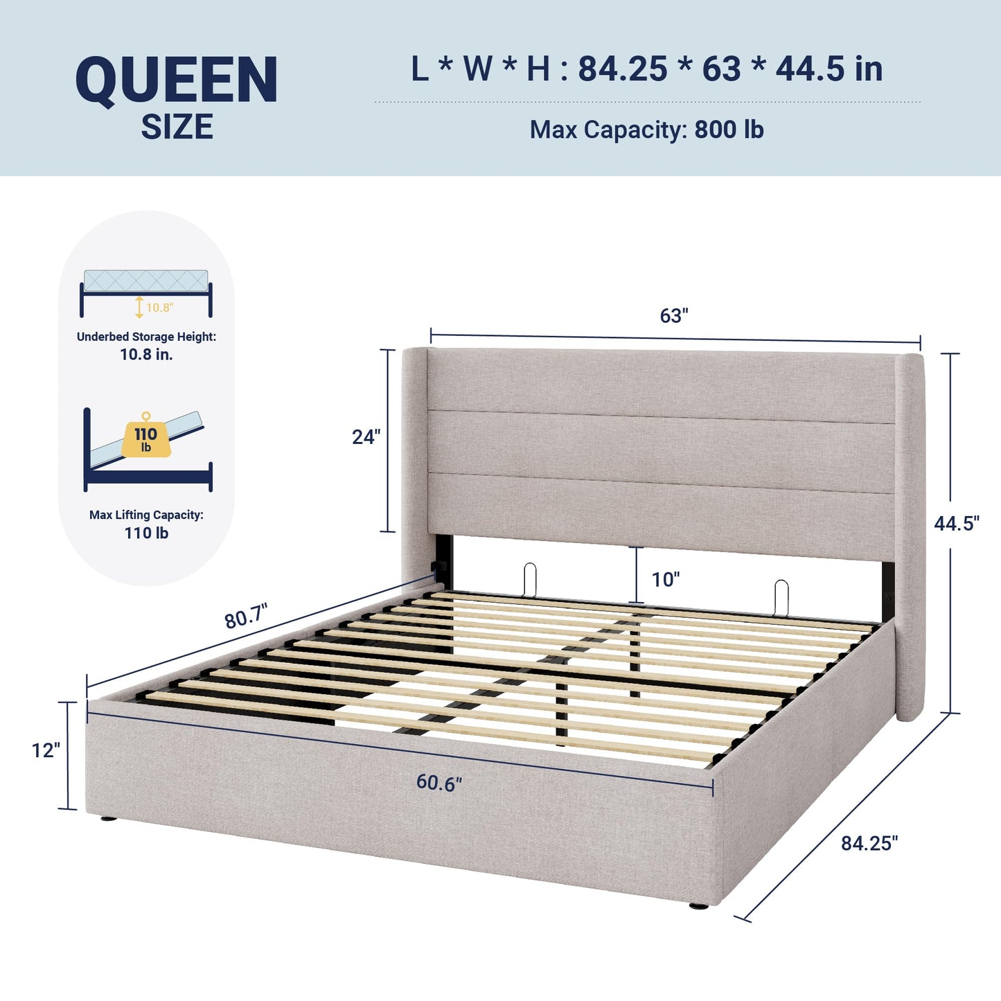 Allewie Queen Lift-Up Storage Bed Frame | Light Beige