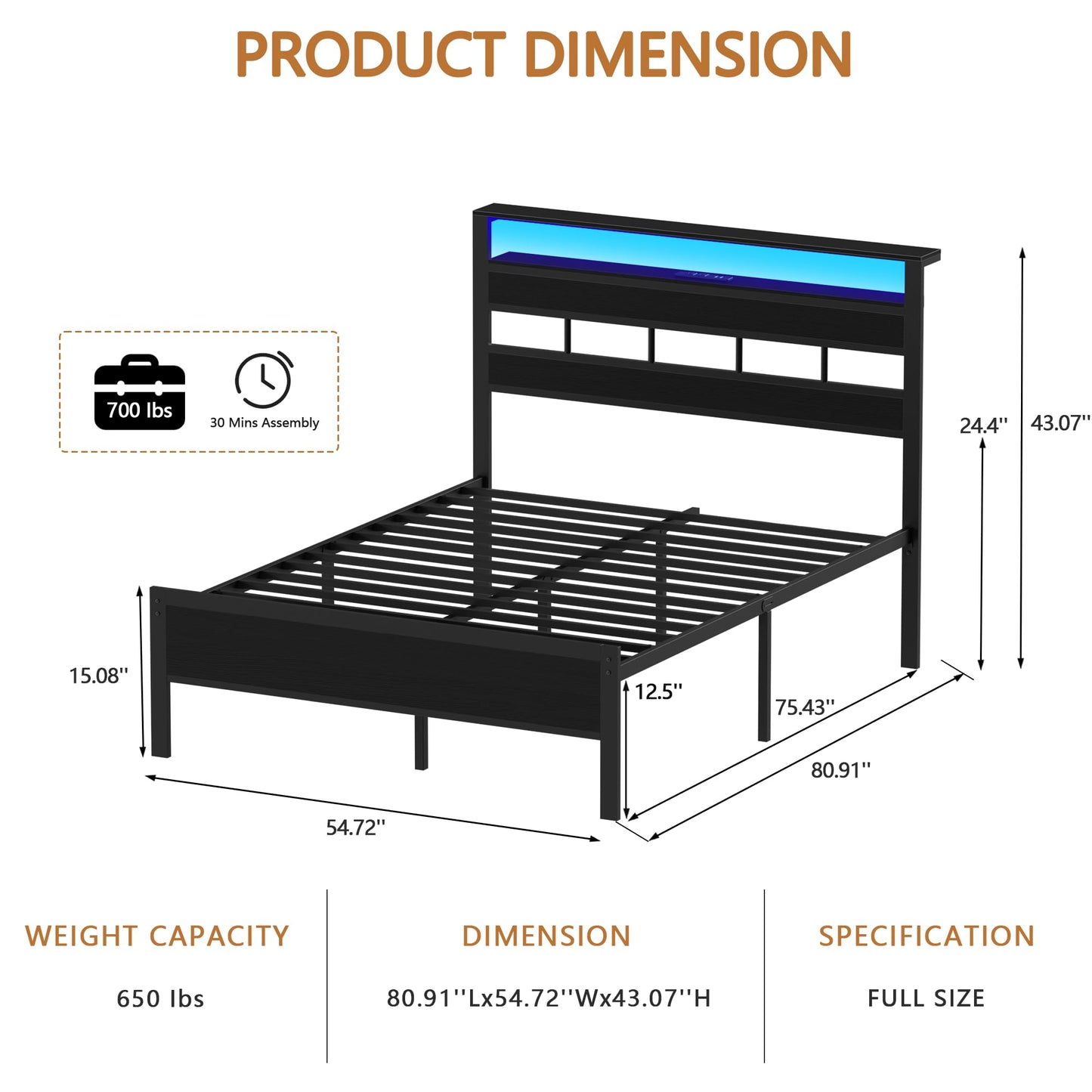 Furnulem Full Size Bed Frame with LED, Storage Headboard, Black Oak