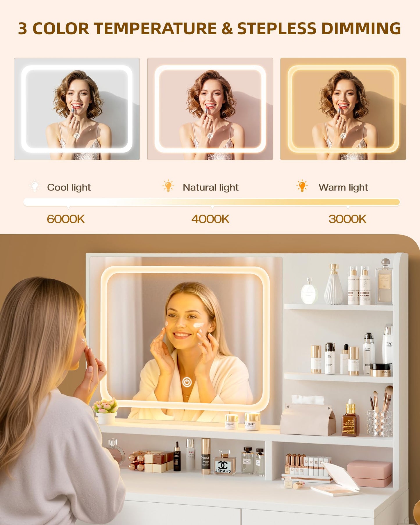 LIVELYGLOW Makeup Vanity Desk with LED Mirror, Charging Station & Drawers