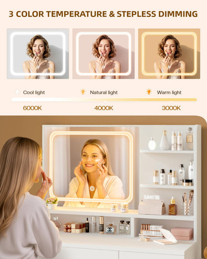 LIVELYGLOW Makeup Vanity Desk with LED Mirror, Charging Station & Drawers