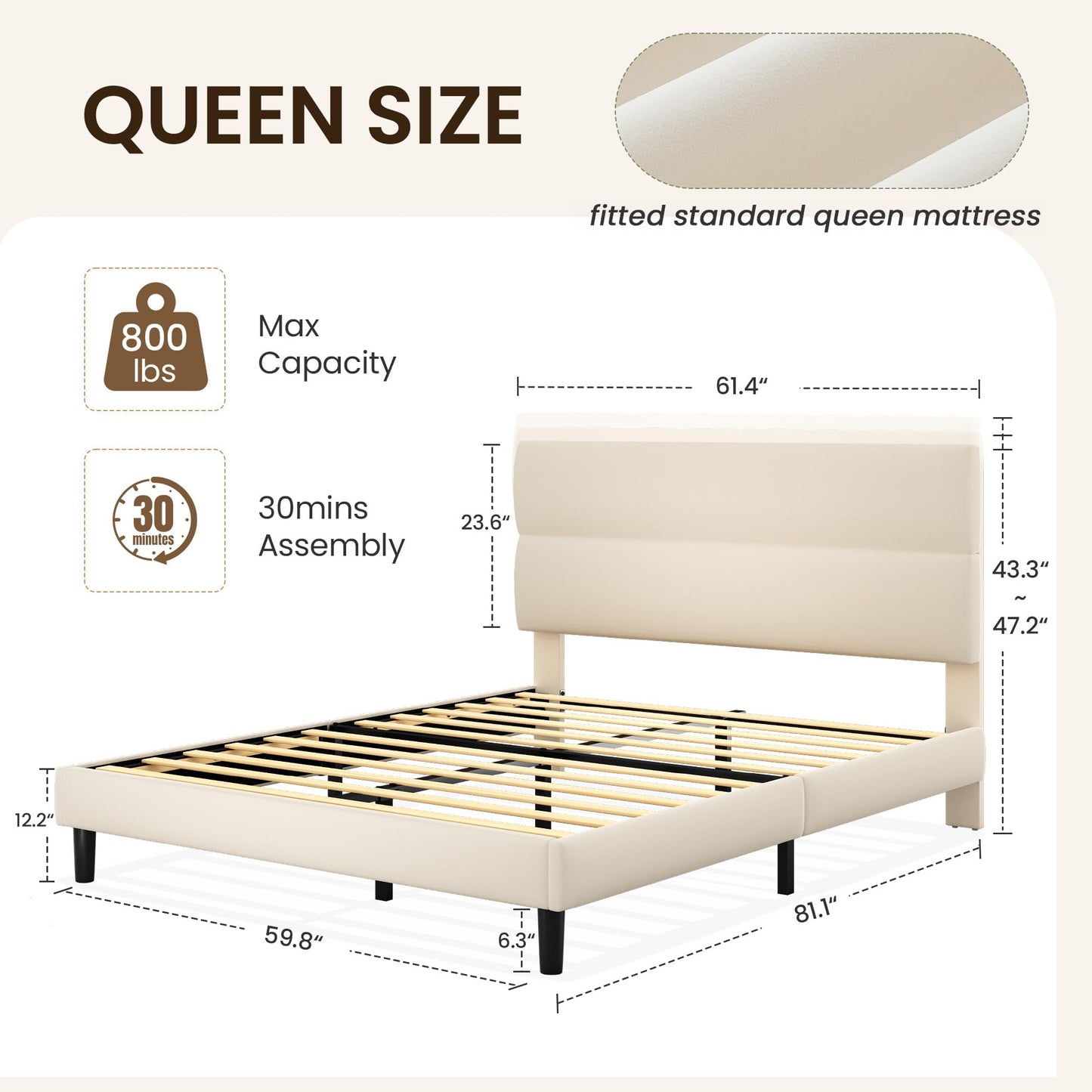 GRUSIGN Queen Upholstered Platform Bed Frame with Velvet Headboard, Beige