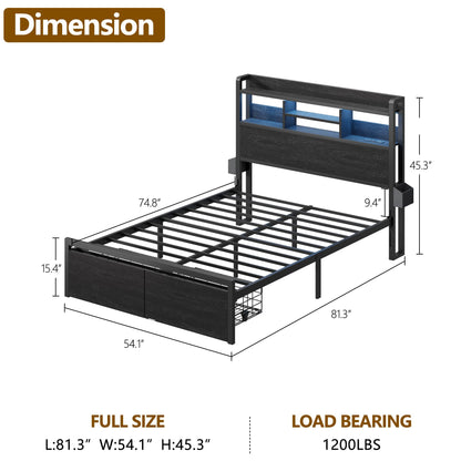 Full Size Bed Frame with Headboard, Charging Station & Drawers