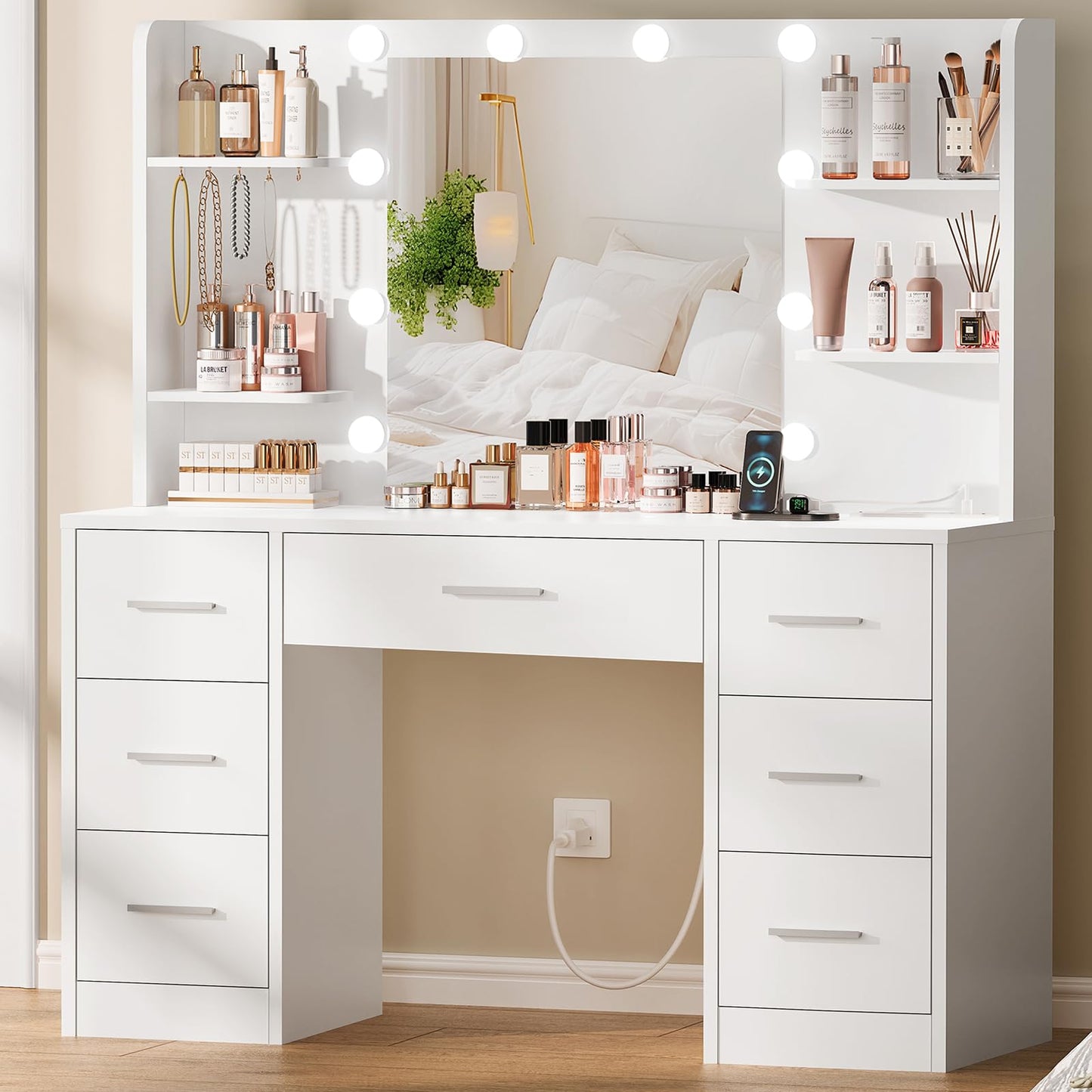 Quimoo LED Vanity Desk with Mirror, 7 Drawers & Power Outlet