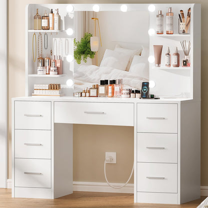 Quimoo LED Vanity Desk with Mirror, 7 Drawers & Power Outlet