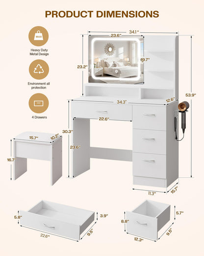 LIVELYGLOW Makeup Vanity Desk with LED Mirror, Charging Station & Drawers