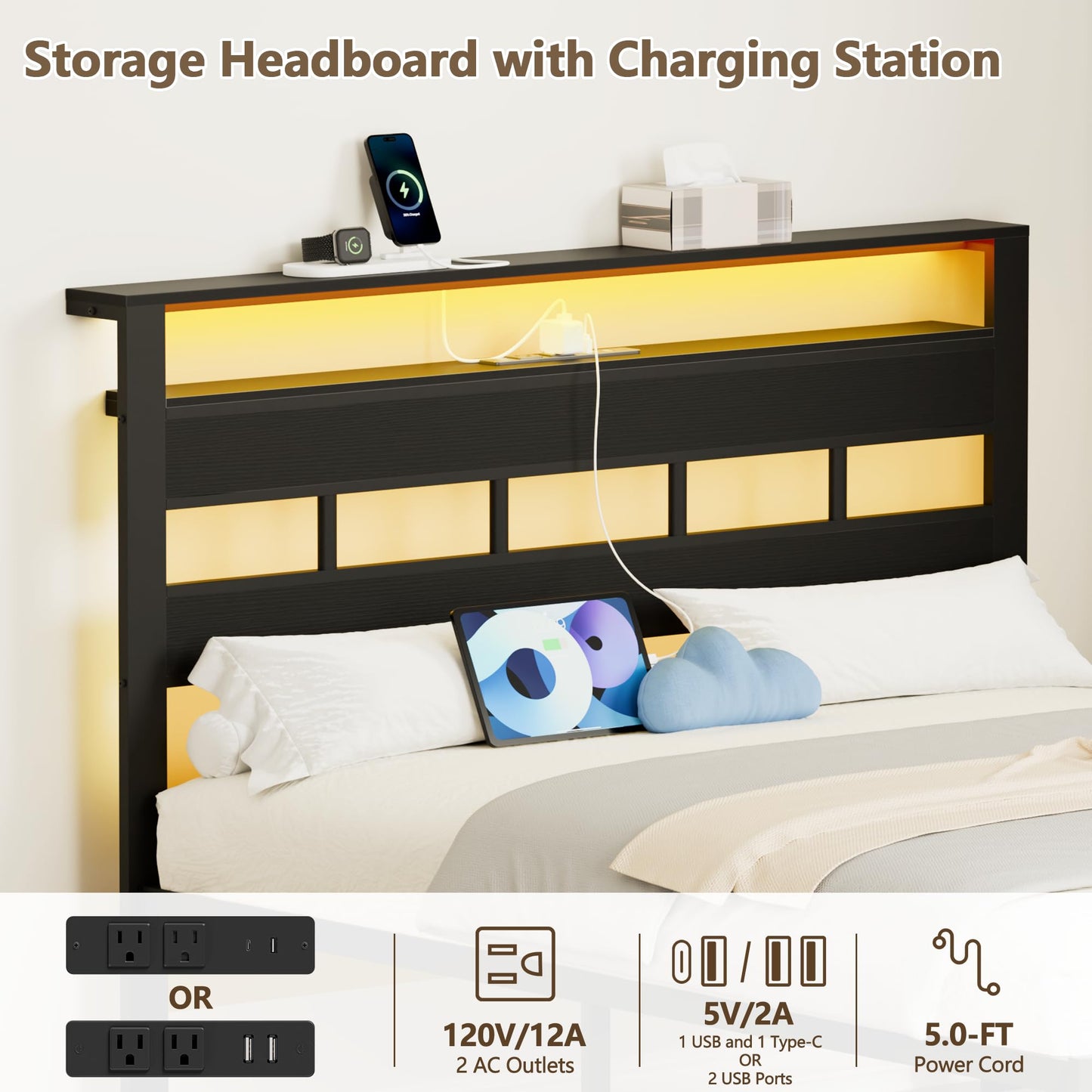 Furnulem Full Size Bed Frame with LED, Storage Headboard, Black Oak
