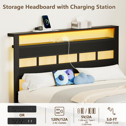Furnulem Full Size Bed Frame with LED, Storage Headboard, Black Oak