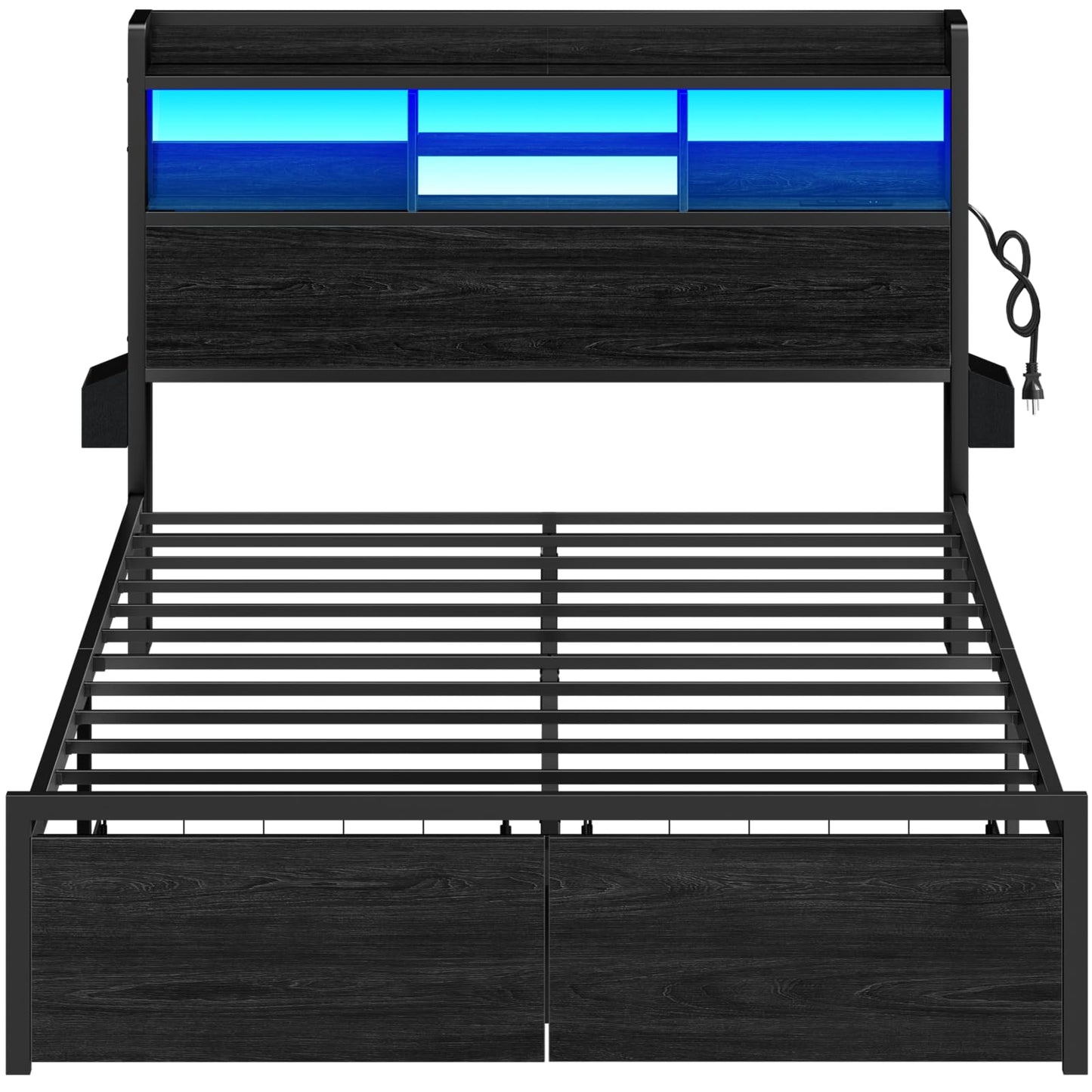 Full Size Bed Frame with Headboard, Charging Station & Drawers