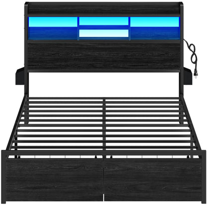 Full Size Bed Frame with Headboard, Charging Station & Drawers