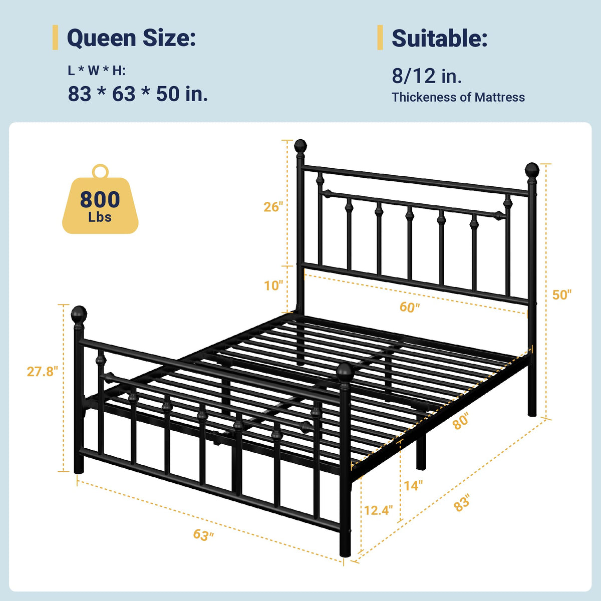 Allewie Queen Metal Platform Bed Frame | Vintage Headboard, Black