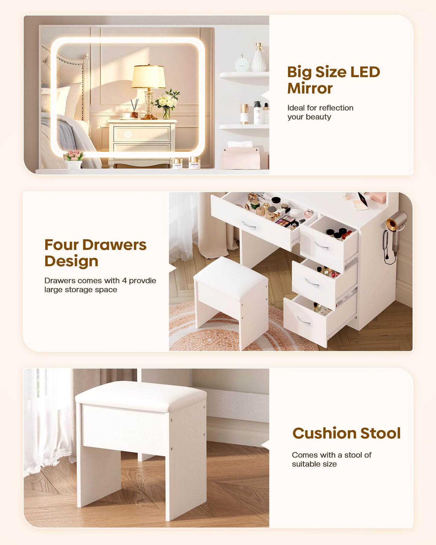 LIVELYGLOW Makeup Vanity Desk with LED Mirror, Charging Station & Drawers
