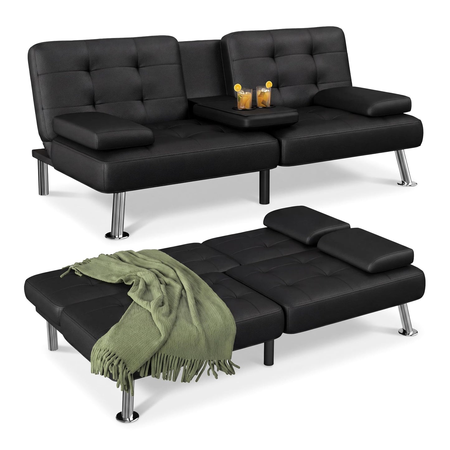 Flamaker Convertible Futon Sofa Bed – Black Faux Leather