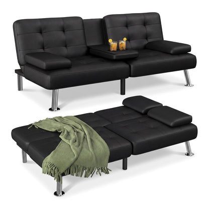 Flamaker Convertible Futon Sofa Bed – Black Faux Leather