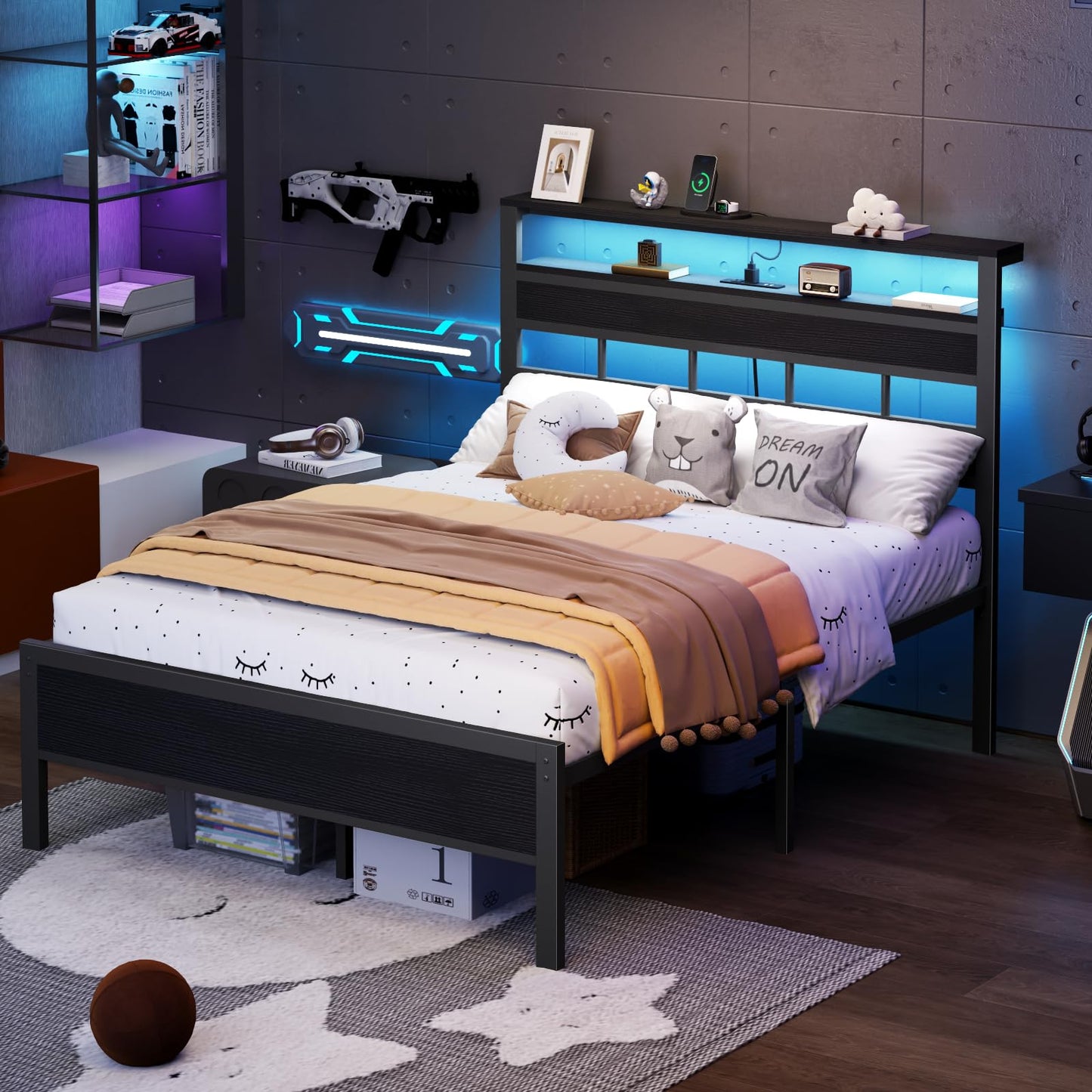 Furnulem Full Size Bed Frame with LED, Storage Headboard, Black Oak