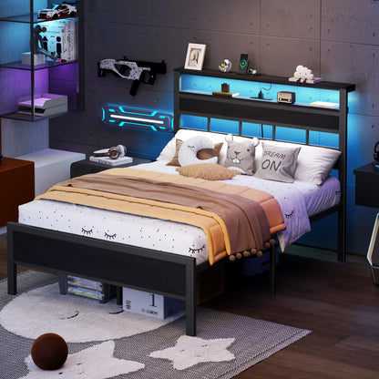 Furnulem Full Size Bed Frame with LED, Storage Headboard, Black Oak