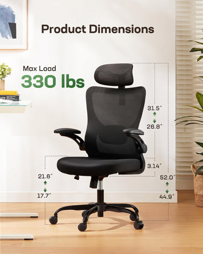 Marsail Ergonomic High Back Mesh Office Chair with 3D Armrests, Black