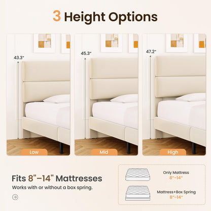 GRUSIGN Queen Upholstered Platform Bed Frame with Velvet Headboard, Beige