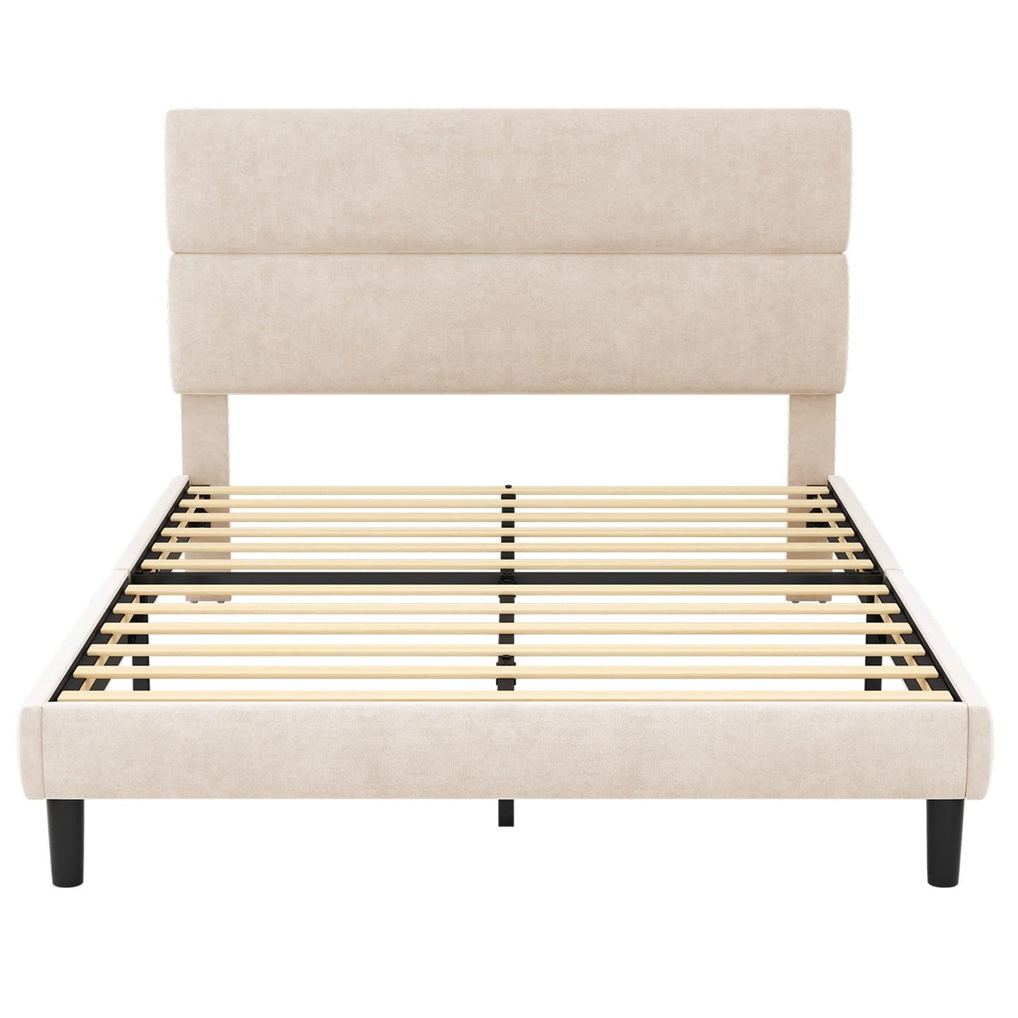 GRUSIGN Queen Upholstered Platform Bed Frame with Velvet Headboard, Beige
