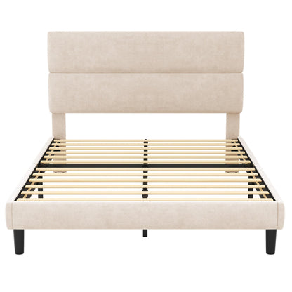 GRUSIGN Queen Upholstered Platform Bed Frame with Velvet Headboard, Beige