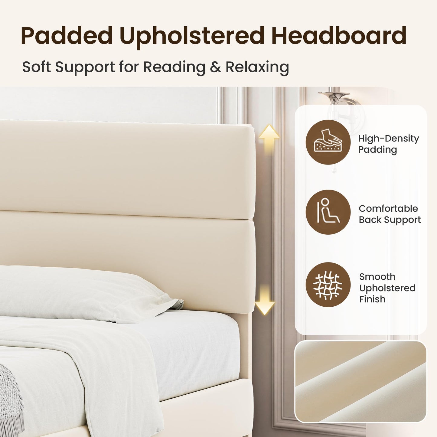 GRUSIGN Queen Upholstered Platform Bed Frame with Velvet Headboard, Beige