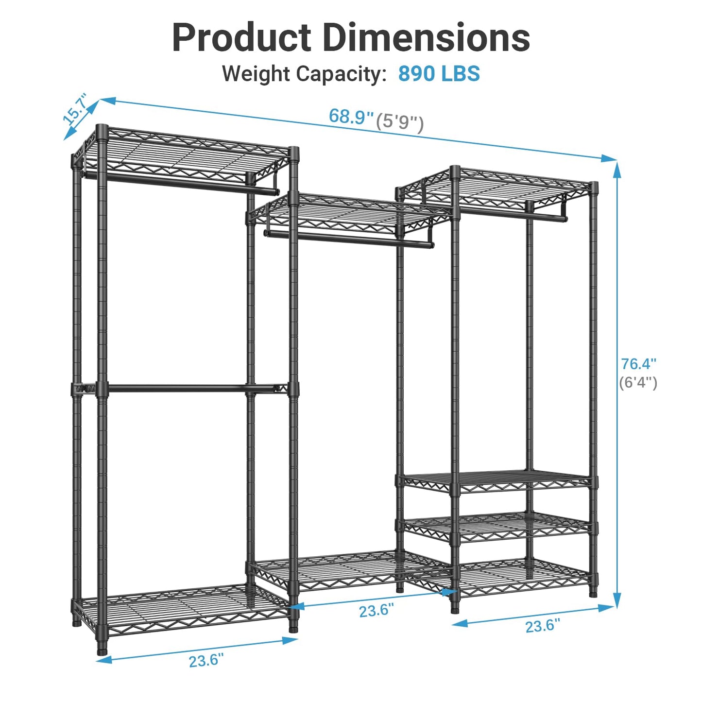 VIPEK V5 Heavy Duty Freestanding Clothes Rack, 890 LBS, Black