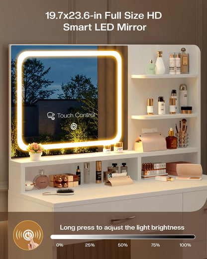 LIVELYGLOW Makeup Vanity Desk with LED Mirror, Charging Station & Drawers