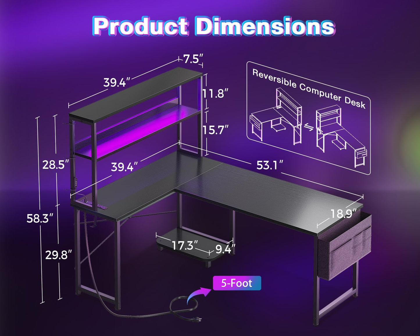 AODK Reversible L-Shaped Desk with LED Light & Power Outlet