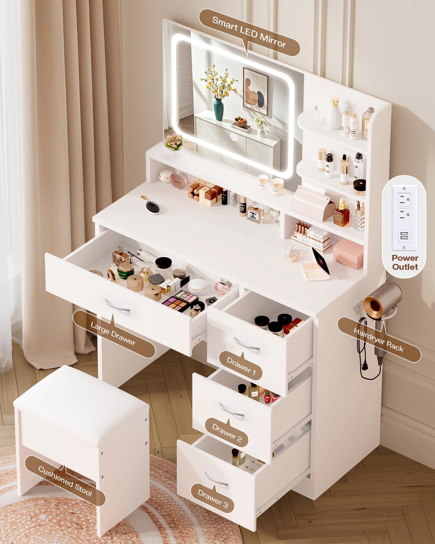 LIVELYGLOW Makeup Vanity Desk with LED Mirror, Charging Station & Drawers