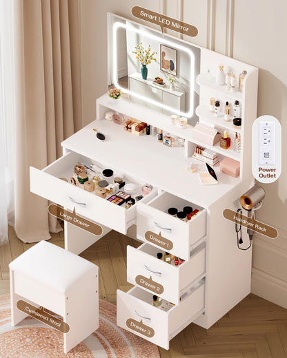 LIVELYGLOW Makeup Vanity Desk with LED Mirror, Charging Station & Drawers
