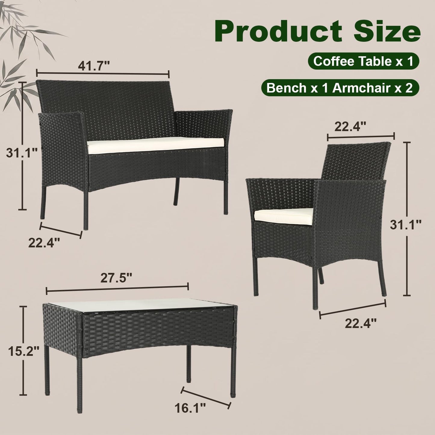 FDW 4-Piece Outdoor Wicker Patio Furniture Set – Black