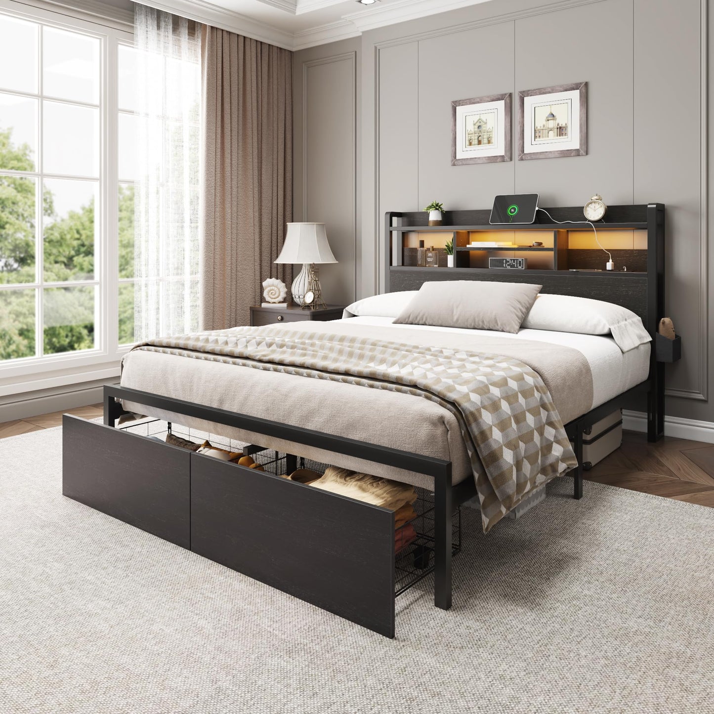 Full Size Bed Frame with Headboard, Charging Station & Drawers