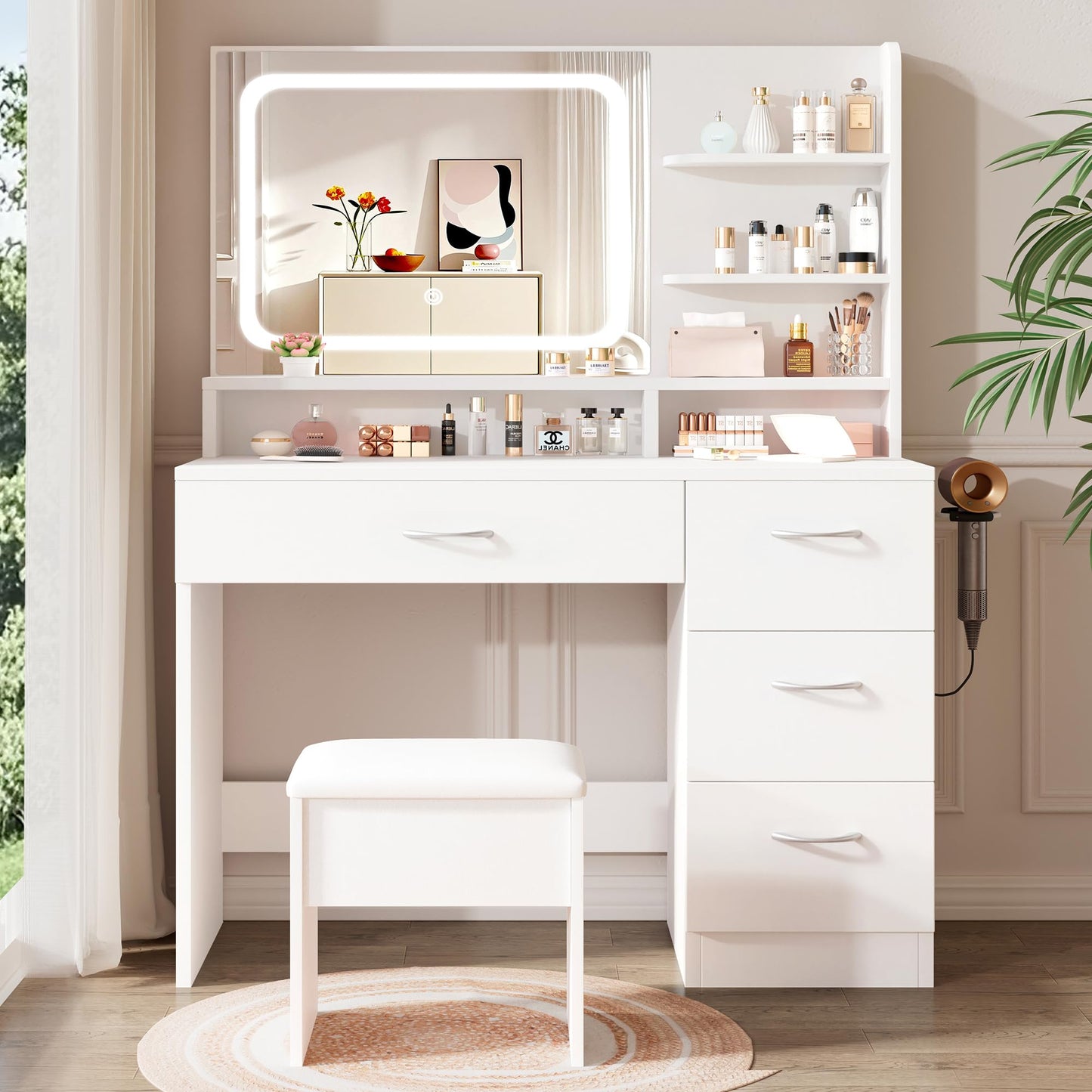 LIVELYGLOW Makeup Vanity Desk with LED Mirror, Charging Station & Drawers