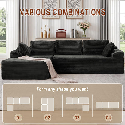 Korser 108" L-Shaped Modular Sectional Sofa with Chaise, Corduroy, Black