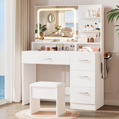 LIVELYGLOW Makeup Vanity Desk with LED Mirror, Charging Station & Drawers
