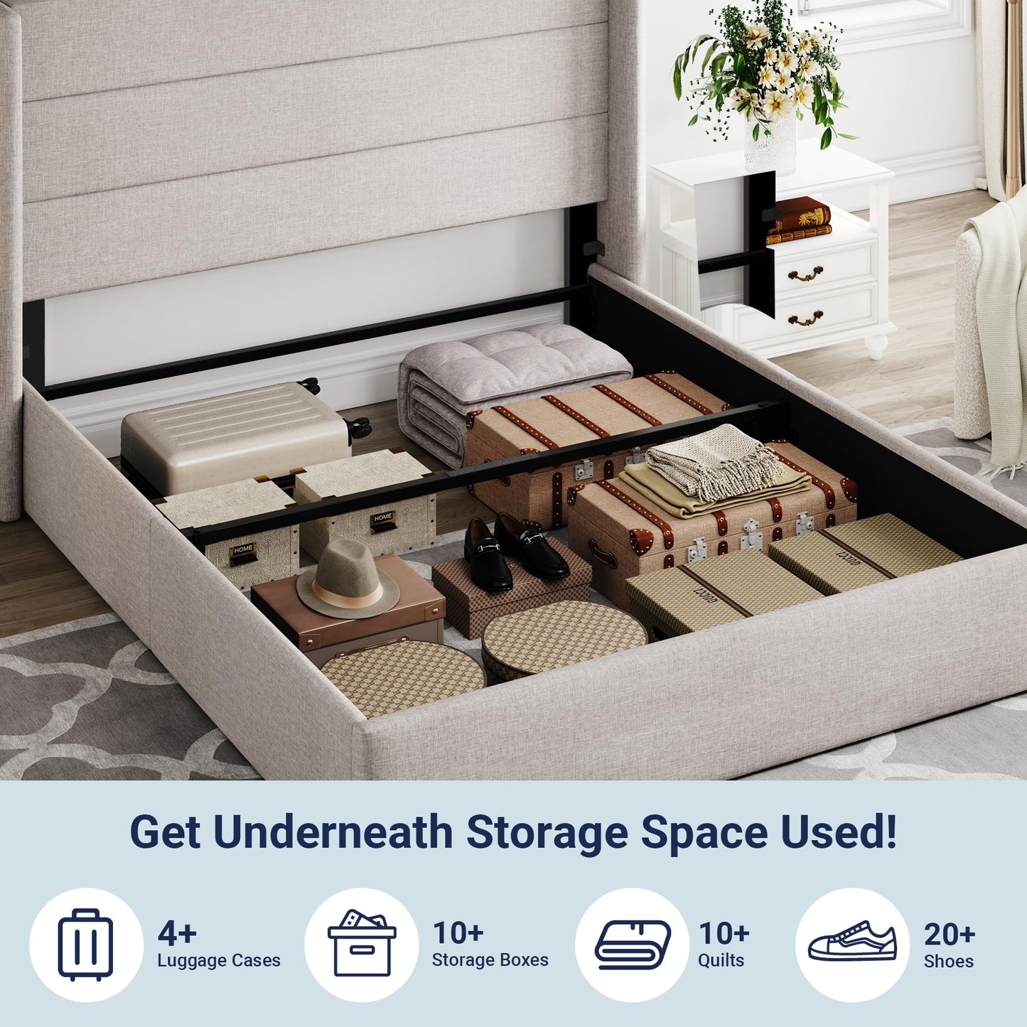 Allewie Queen Lift-Up Storage Bed Frame | Light Beige