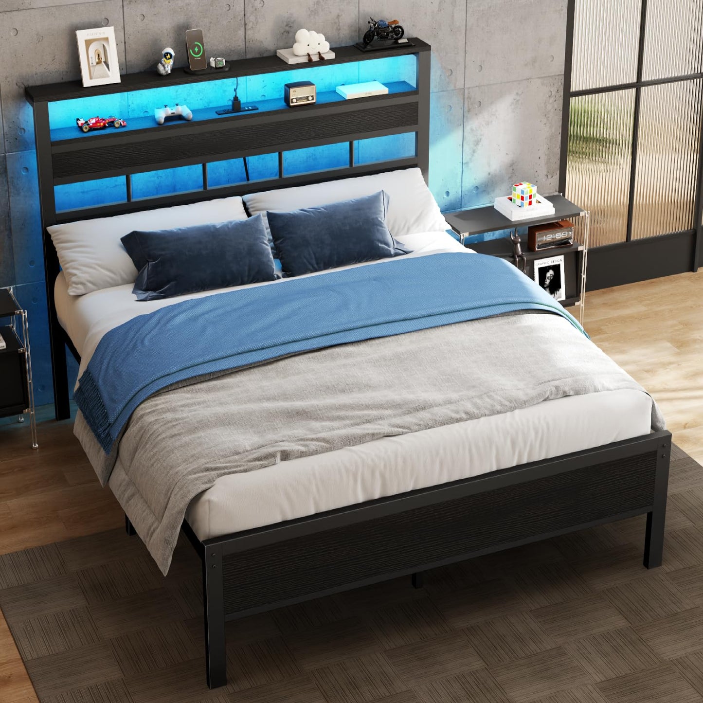 Furnulem Full Size Bed Frame with LED, Storage Headboard, Black Oak