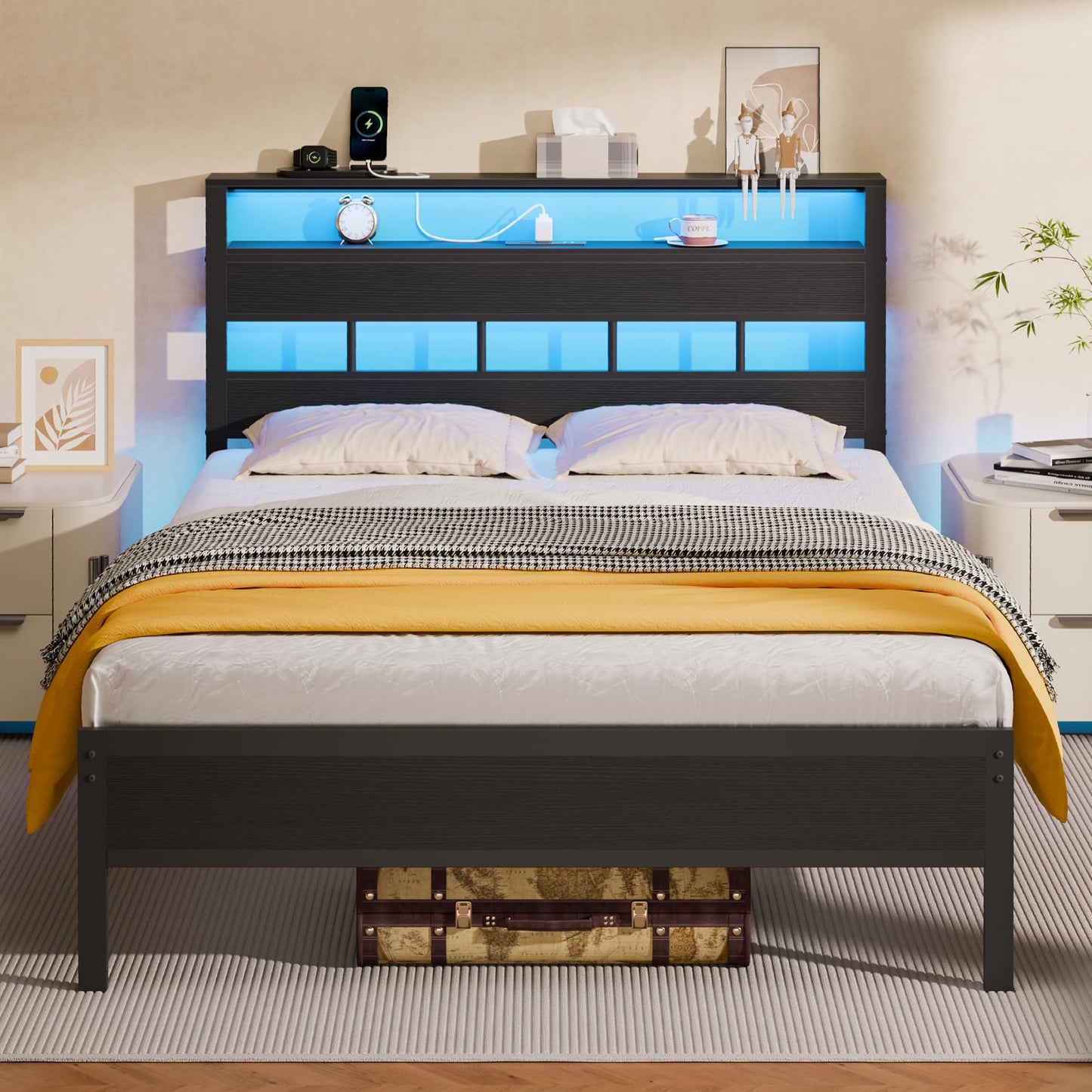 Furnulem Full Size Bed Frame with LED, Storage Headboard, Black Oak