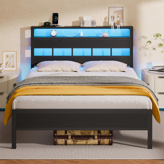 Furnulem Full Size Bed Frame with LED, Storage Headboard, Black Oak