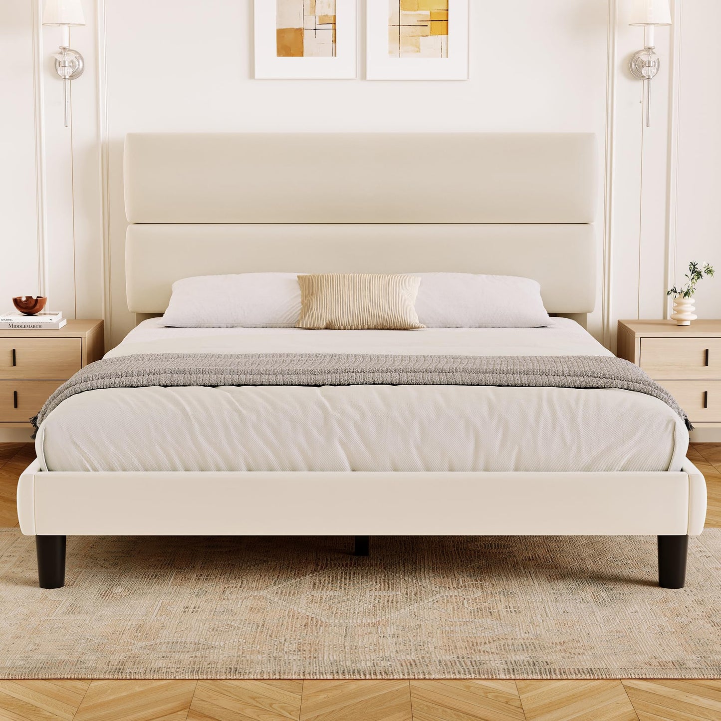GRUSIGN Queen Upholstered Platform Bed Frame with Velvet Headboard, Beige