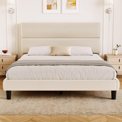 GRUSIGN Queen Upholstered Platform Bed Frame with Velvet Headboard, Beige