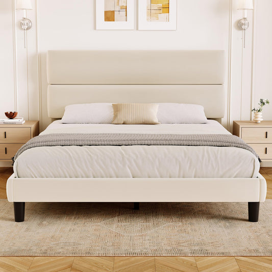 GRUSIGN Queen Upholstered Platform Bed Frame with Velvet Headboard, Beige