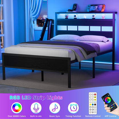 Furnulem Full Size Bed Frame with LED, Storage Headboard, Black Oak