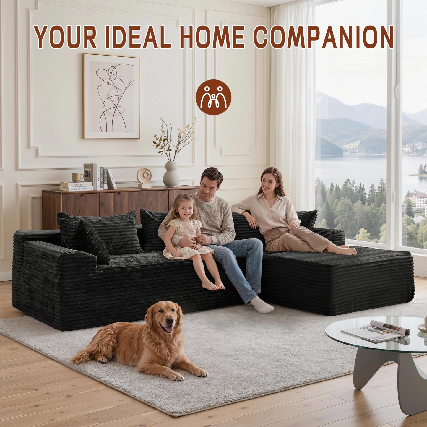 Korser 108" L-Shaped Modular Sectional Sofa with Chaise, Corduroy, Black