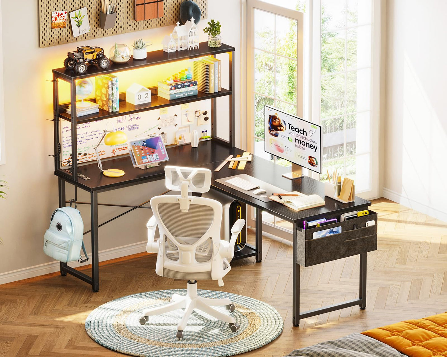 AODK Reversible L-Shaped Desk with LED Light & Power Outlet
