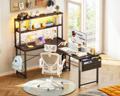 AODK Reversible L-Shaped Desk with LED Light & Power Outlet