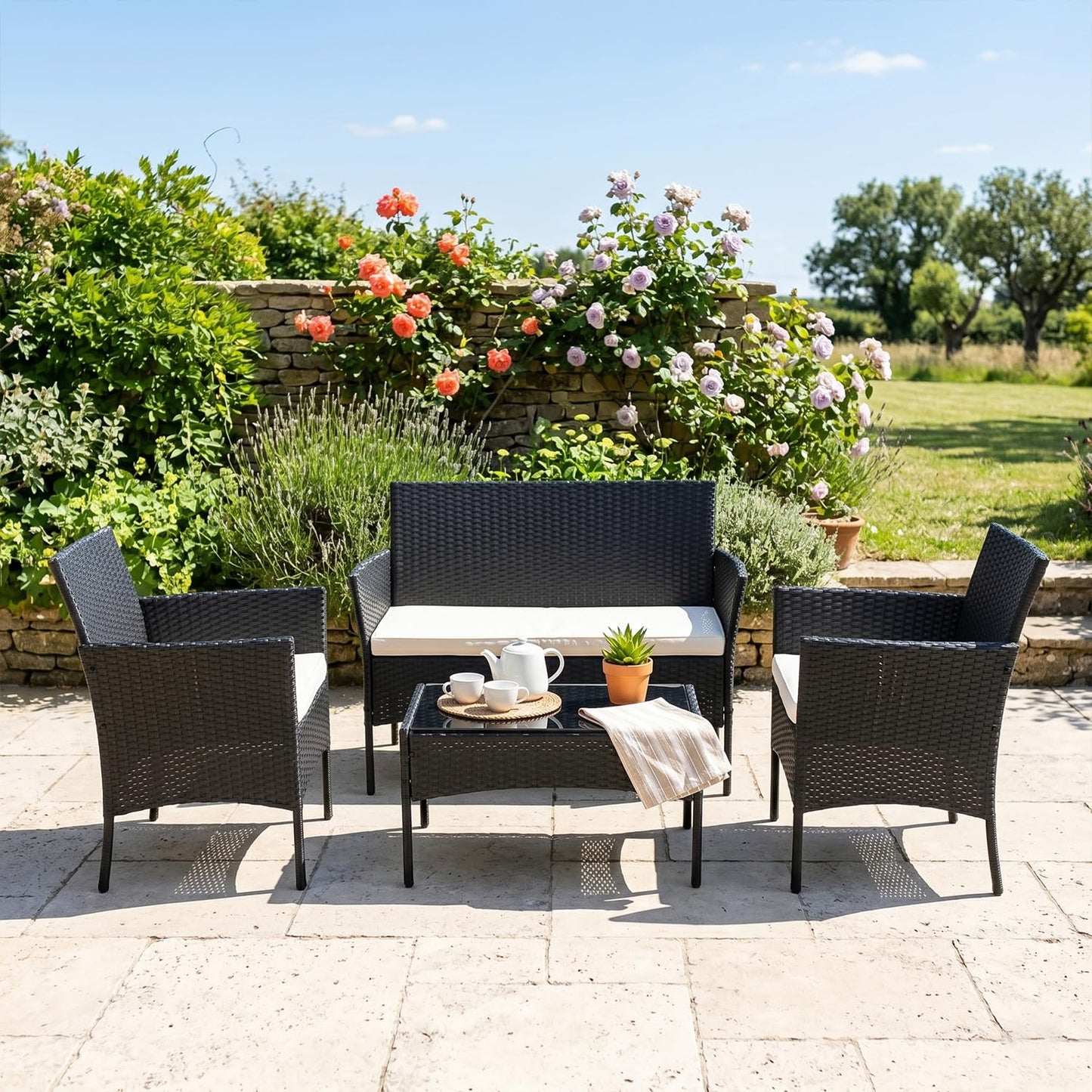 FDW 4-Piece Outdoor Wicker Patio Furniture Set – Black