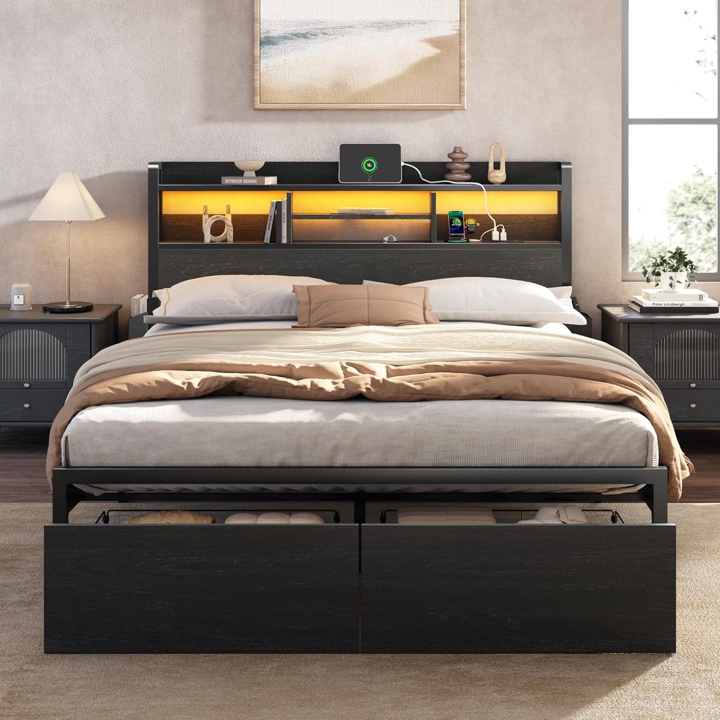 Full Size Bed Frame with Headboard, Charging Station & Drawers