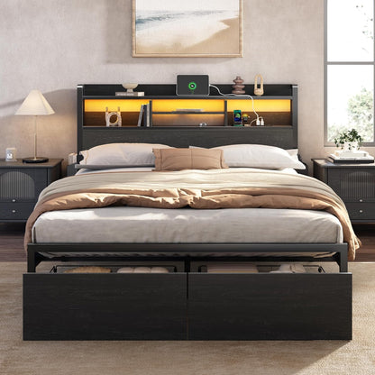 Full Size Bed Frame with Headboard, Charging Station & Drawers